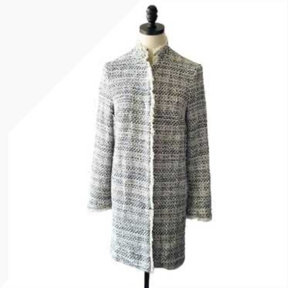 J. McLaughlin Navy Cream Tweed Frayed Trim Longline Open Front Coat Jacket L